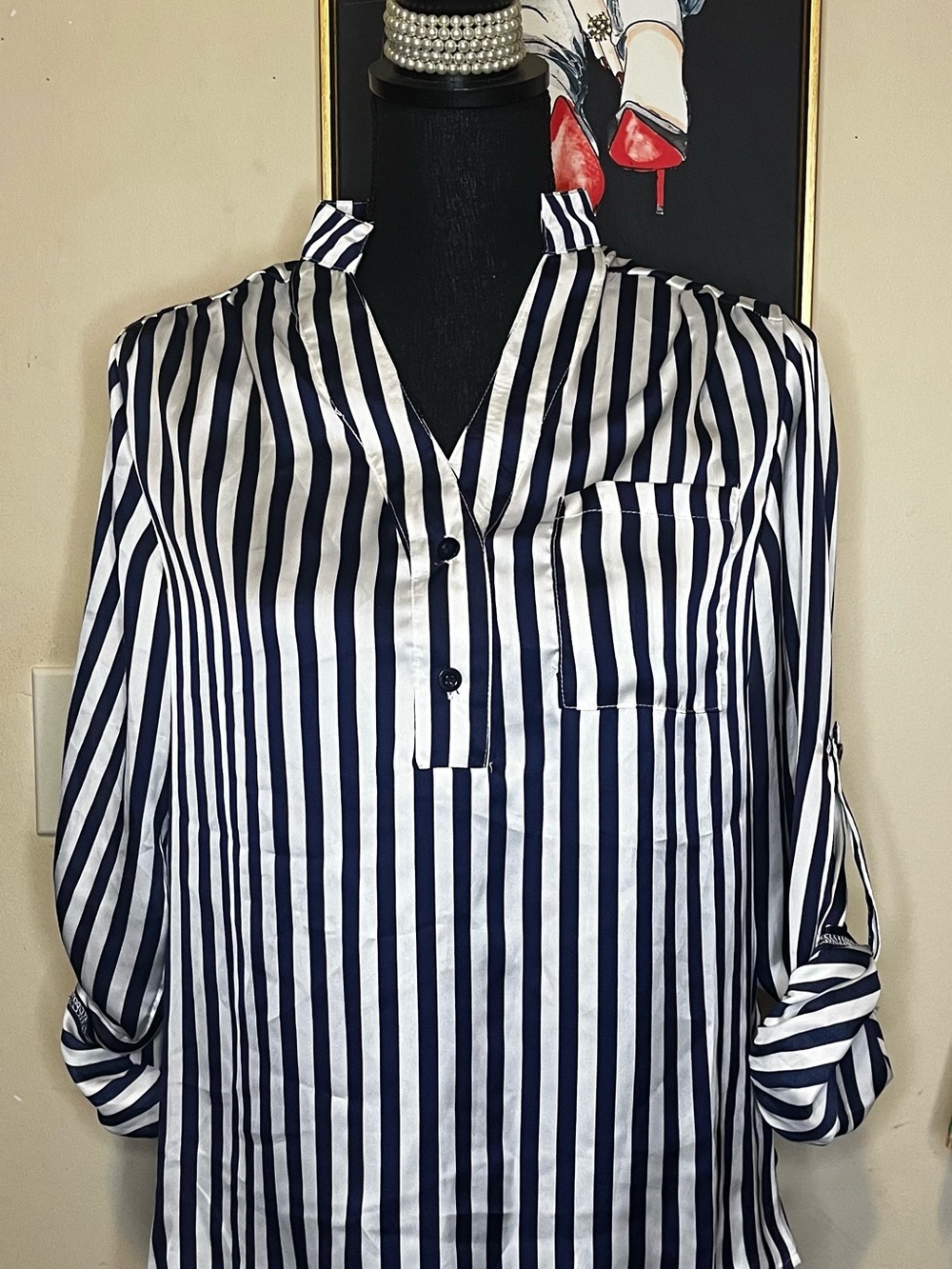 Women’s Navy and White Vertical Stripe Shirt